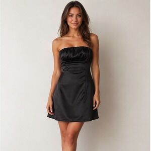 Princess Polly Mini Dress Womens Size 2 Black Satin Strapless Tube A-Line